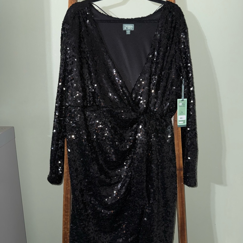 Black Sequin Wrap-Front Dress - Terra & Sky